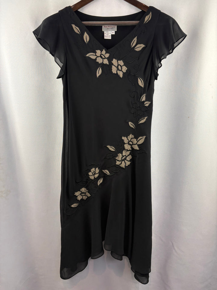 Women’s Papell Size 4P Black Chiffon Dress w/ Floral Embroidery