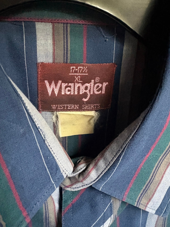 Vintage Wrangler Western Shirt Men XL Pearl Snap Blue Green Striped