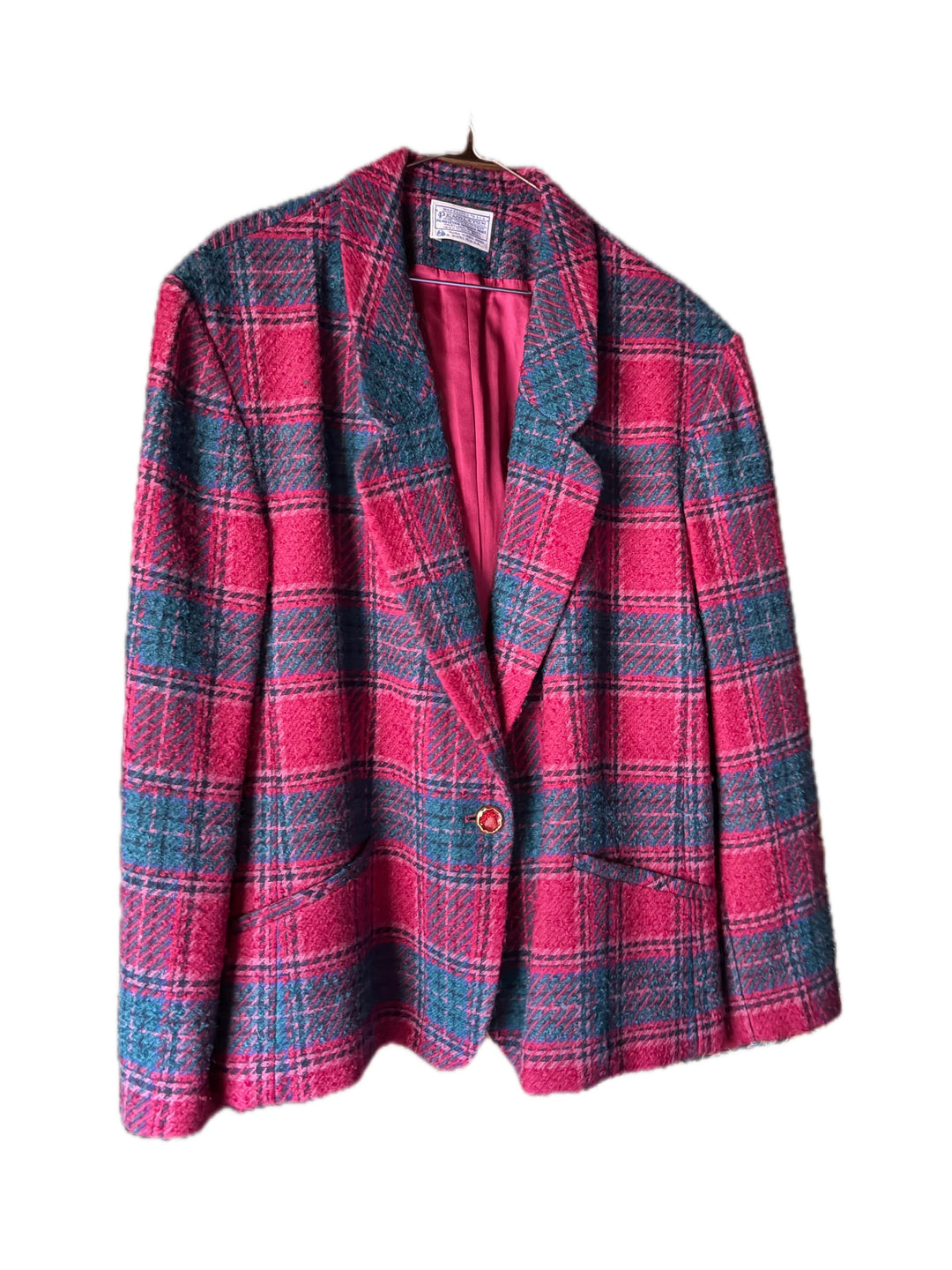 Vintage Pendleton Plus Size Plaid Wool Blazer Jacket Made in USA Pink Teal