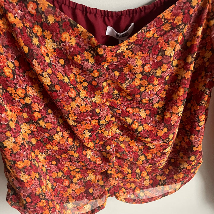 NWT BB Dakota Long Sleeve Orange floral Print Long Sleeve 70s Style Blouse sz XL