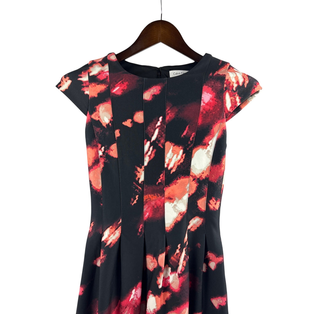 Women’s Calvin Klein Black Pleated Business Dress w/ Orange & Red Patterns