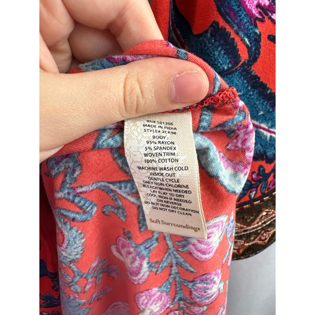 Women’s Soft Surroundings Orange Floral Patterned Blouse w/ Woven Embroidery