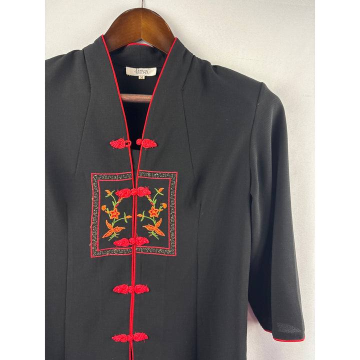 Women’s Lina Medium Black Asian Style Blouse w/ Floral Embroidery