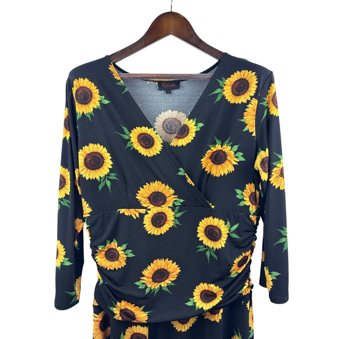 Women’s Rekuccí Size 16 Black w/ Yellow Sunflowers 3/4 Length Sleeve Midi Dress
