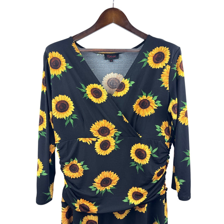 Women’s Rekuccí Size 16 Black w/ Yellow Sunflowers 3/4 Length Sleeve Midi Dress
