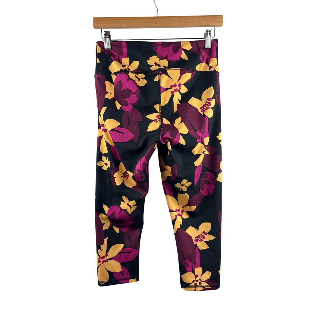 Women’s Danskin Medium Black Leggings w/ Yellow & Purple Florals