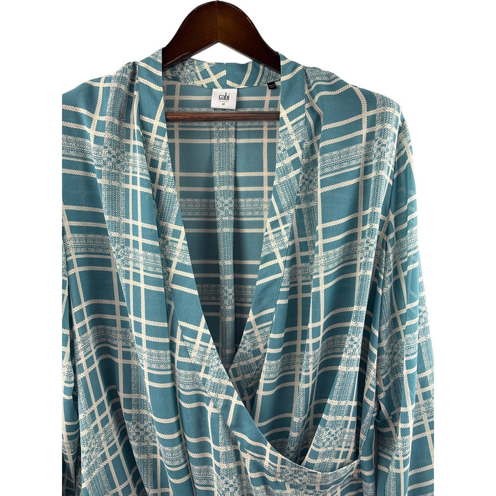 Women’s Cabi XL Muted Teal & White Plaid Faux Wrap Long Sleeve Blouse