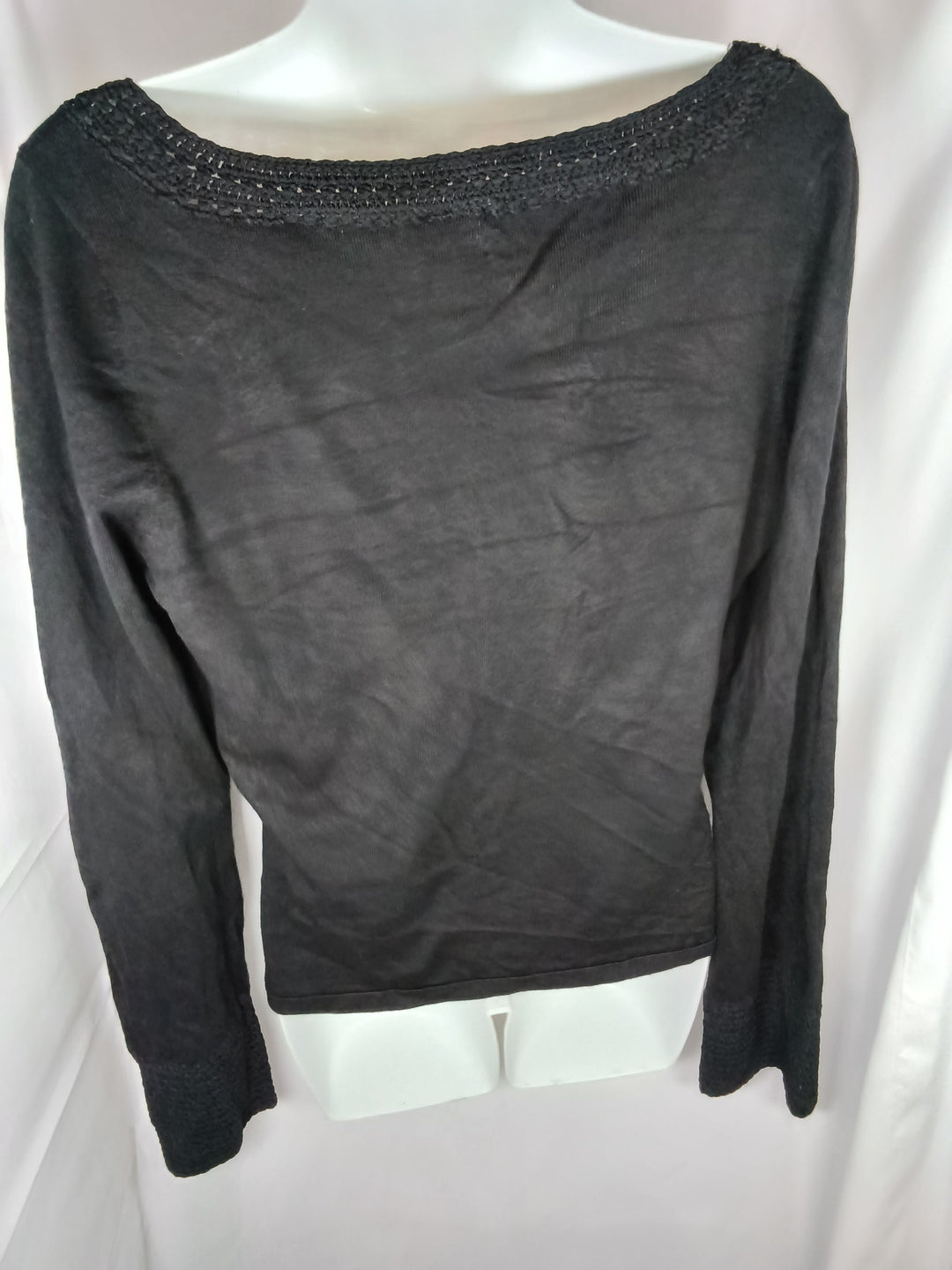 INC International Concepts Black Crochet Knit Top Split V-Neck L