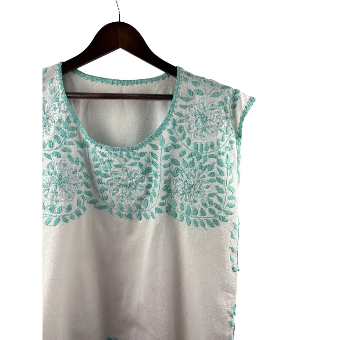 Women’s Handmade 2XL White Sleeveless Blouse w/ Aqua Floral Embroidery