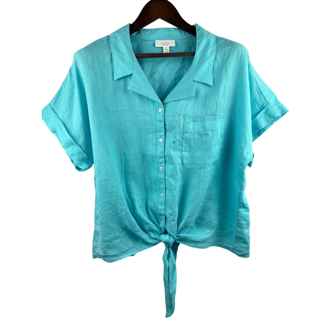 Women’s Linen Charter Club XL Aqua Blue Short Sleeve Blouse