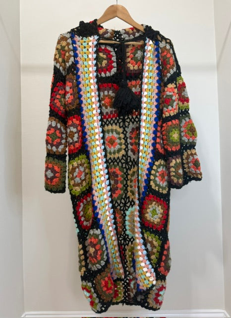 Anthropologie SAACHI Boho Hooded Granny Square Crochet Kimono Black Handmade
