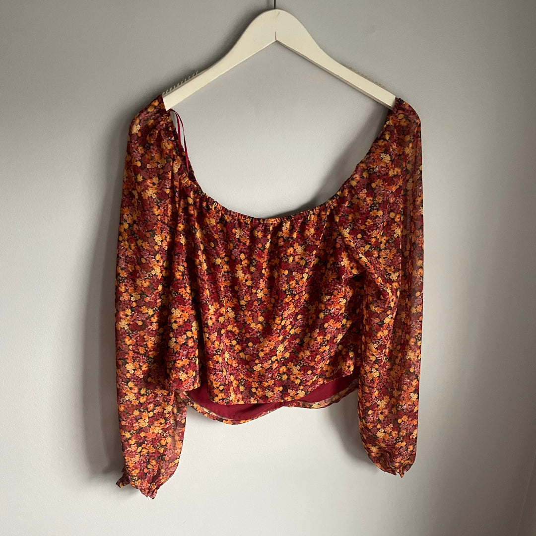 NWT BB Dakota Long Sleeve Orange floral Print Long Sleeve 70s Style Blouse sz XL