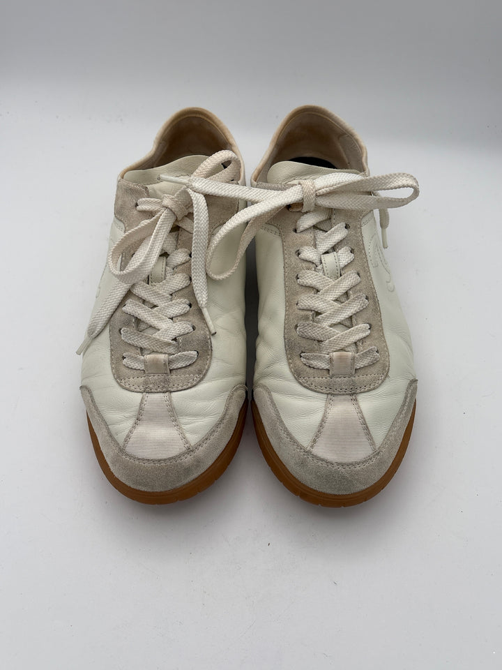Women Chanel Cream Genuine Leather Suede Sneakers Size 8.5