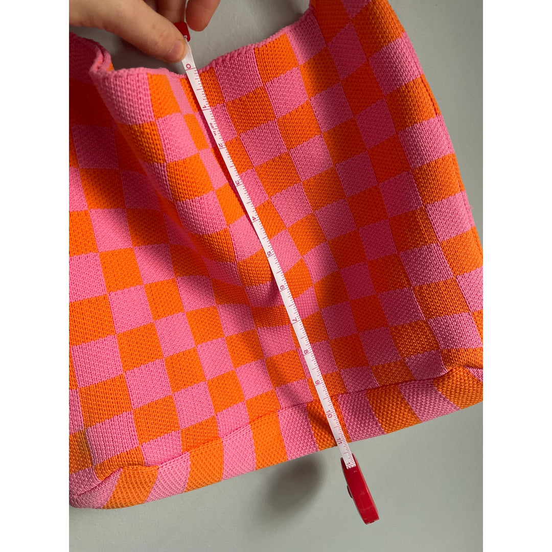 Kopari Knit Mini Tote Pink Orange 11" tall x 13.5" wide Retro Funky Checked Checkered