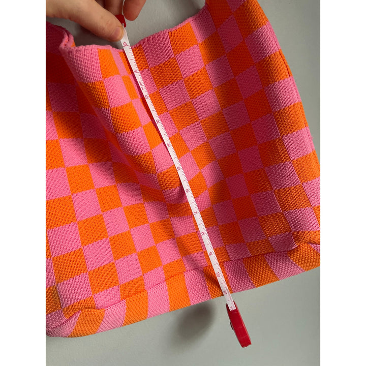 Kopari Knit Mini Tote Pink Orange 11" tall x 13.5" wide Retro Funky Checked Checkered
