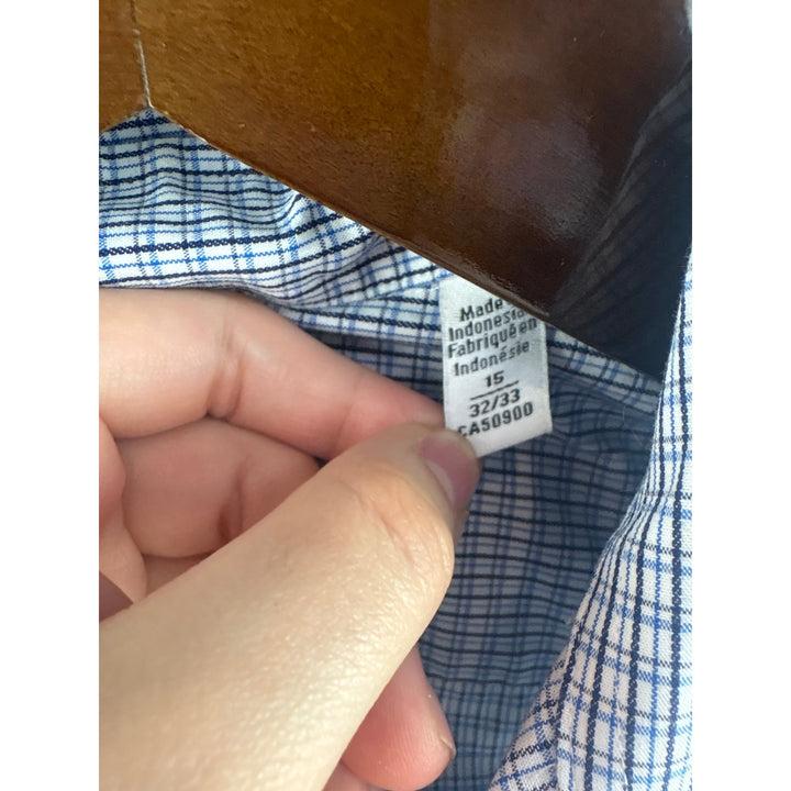 Men’s Calvin Klein Size 15 Blue, White, & Black Micro Plaid Button Up