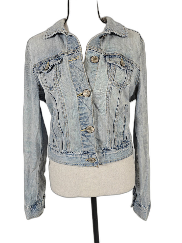 Womens American Eagle Denim Jacket Light Blue Medium Aztec Back Panel