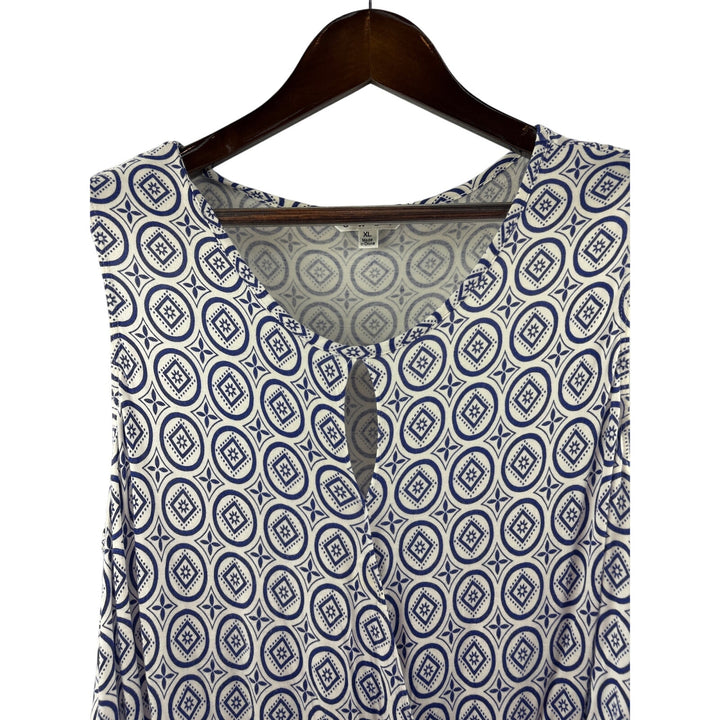 Women’s Cabi XL White w/ Blue Patterned Sleeveless Faux Wrap Style Blouse