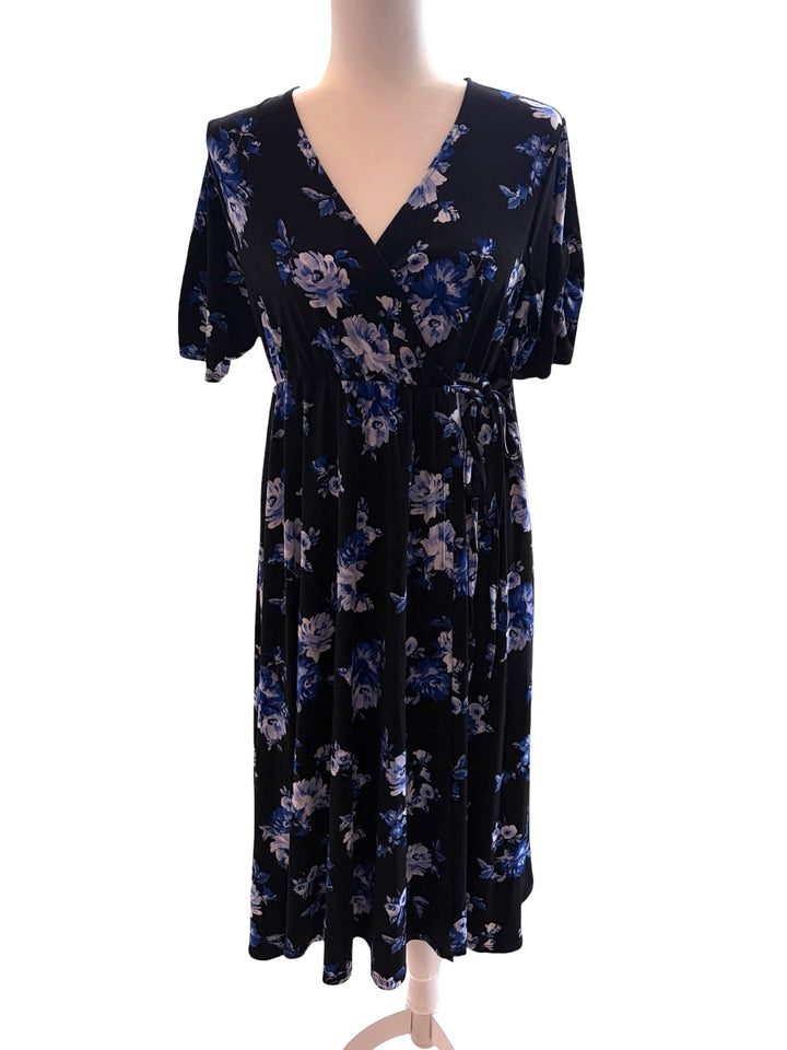 torrid Black Midi Dress with Blue and White Floral Print Size 1*