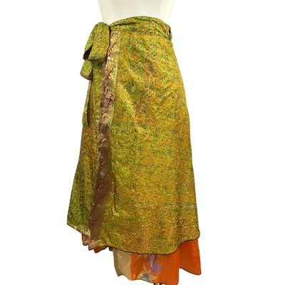 Vintage Green & Orange Floral Wrap Skirt With Tie Waist & Asymmetrical Hem