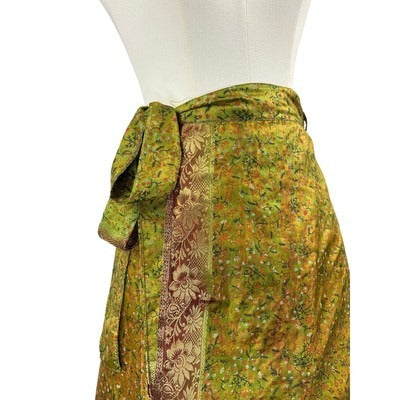 Vintage Green & Orange Floral Wrap Skirt With Tie Waist & Asymmetrical Hem