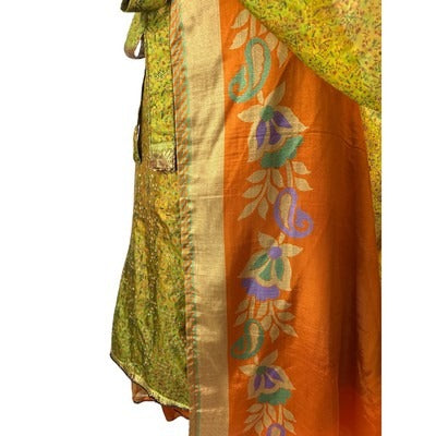 Vintage Green & Orange Floral Wrap Skirt With Tie Waist & Asymmetrical Hem