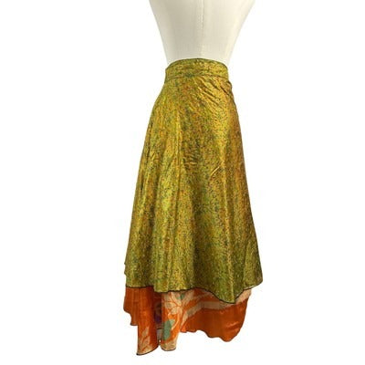 Vintage Green & Orange Floral Wrap Skirt With Tie Waist & Asymmetrical Hem