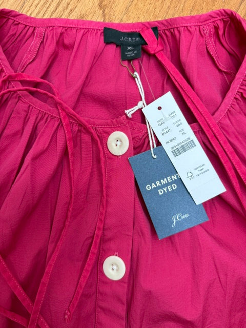 J.Crew Tie‑Sleeve Button‑Front Cotton Poplin Dress – Bright Pink SzXL NWT