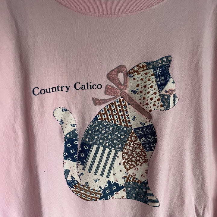 Vintage L.L. Bean Pink T-shirt Dress Country Calico Cat Patchwork Cottage sz S