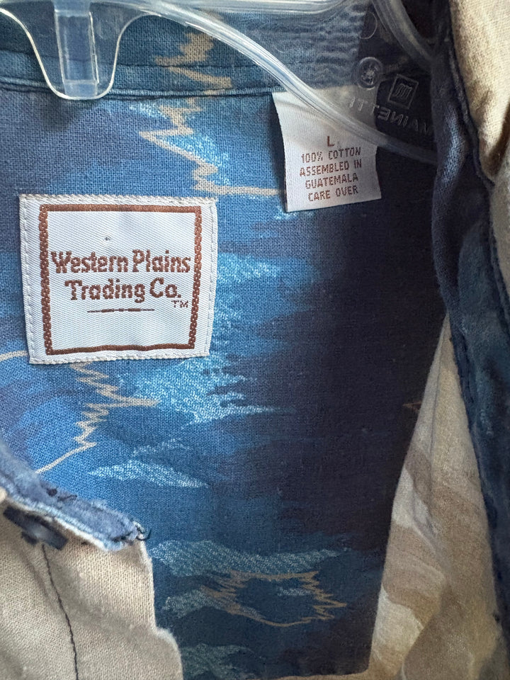 Western Plains Southwestern Aztec Print Long Sleeve Shirt Blue Tan Pink Large