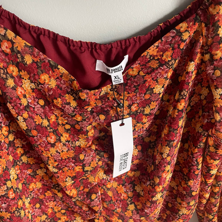 NWT BB Dakota Long Sleeve Orange floral Print Long Sleeve 70s Style Blouse sz XL