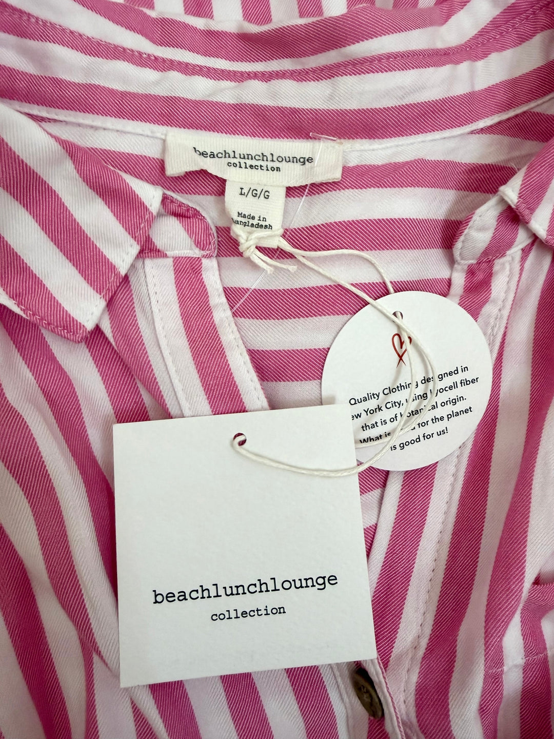 BeachLunchLounge NWT Pink White Striped Button Down Blouse Sz L