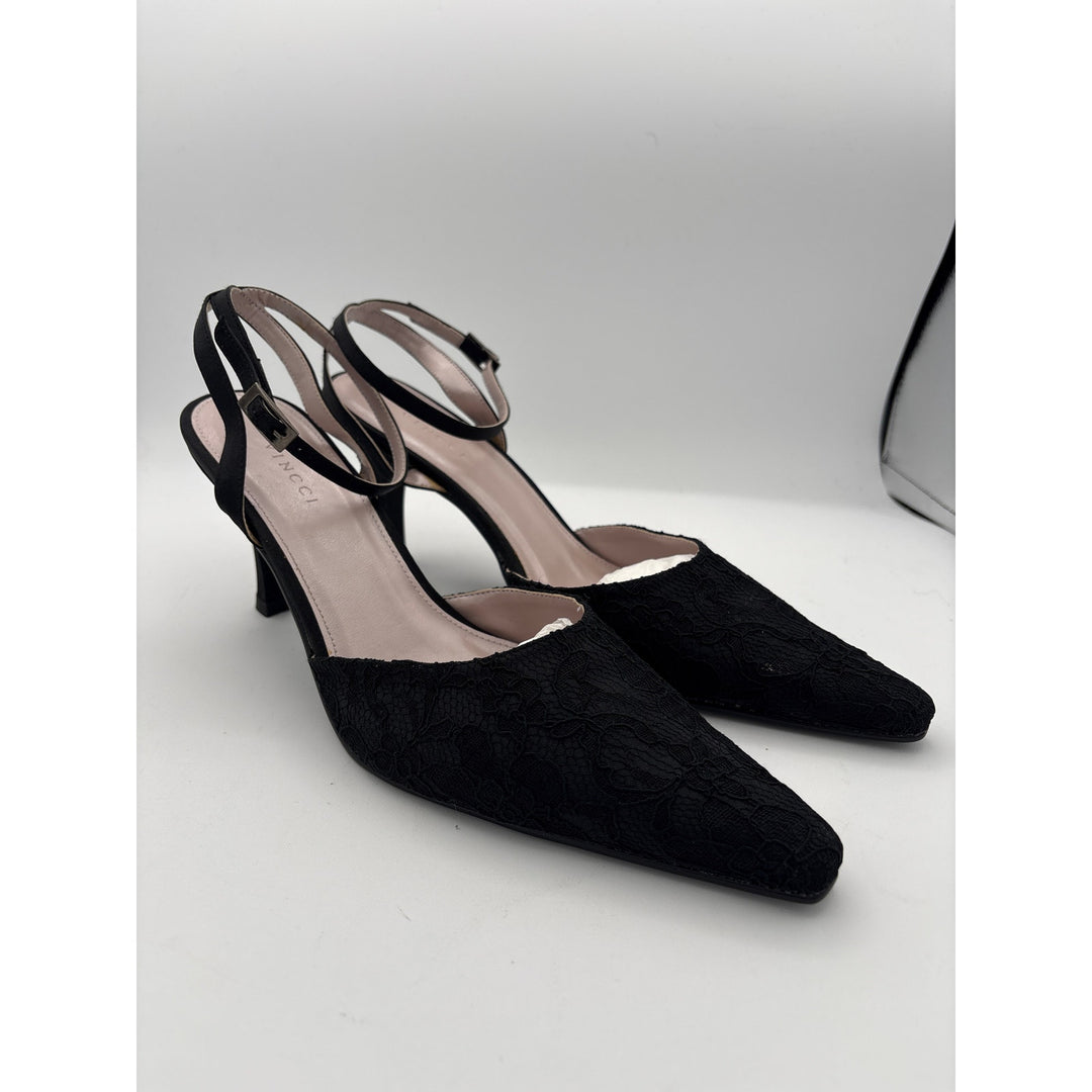 Women’s Vincci Size 7 Black Satin & Lace Strappy Heels