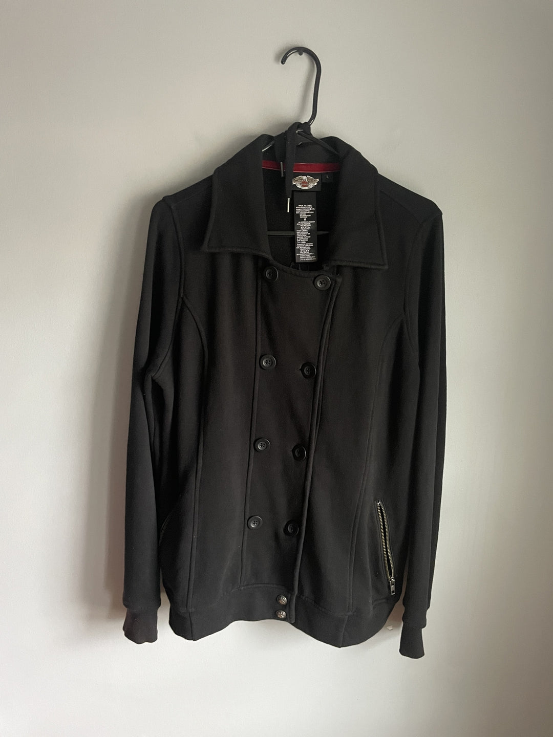 Harley Davidson Womens L Black Double Breasted Jacket Detachable Sherpa Hood Peacoat