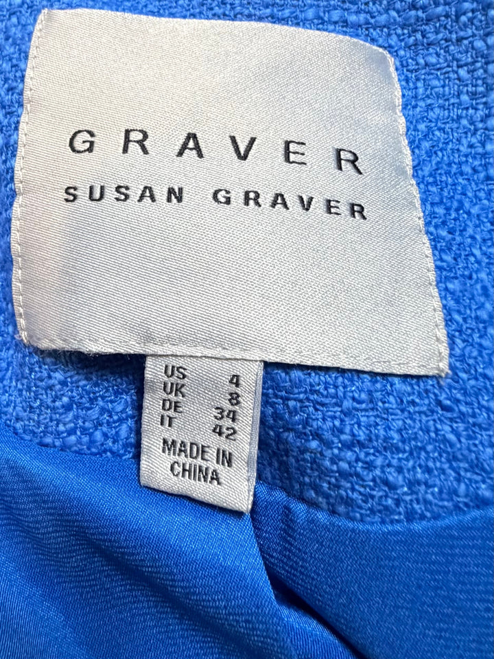 Susan Graver Royal Blue Tweed Blazer Jacket Size 4 Gold Buttons Quiet Luxury