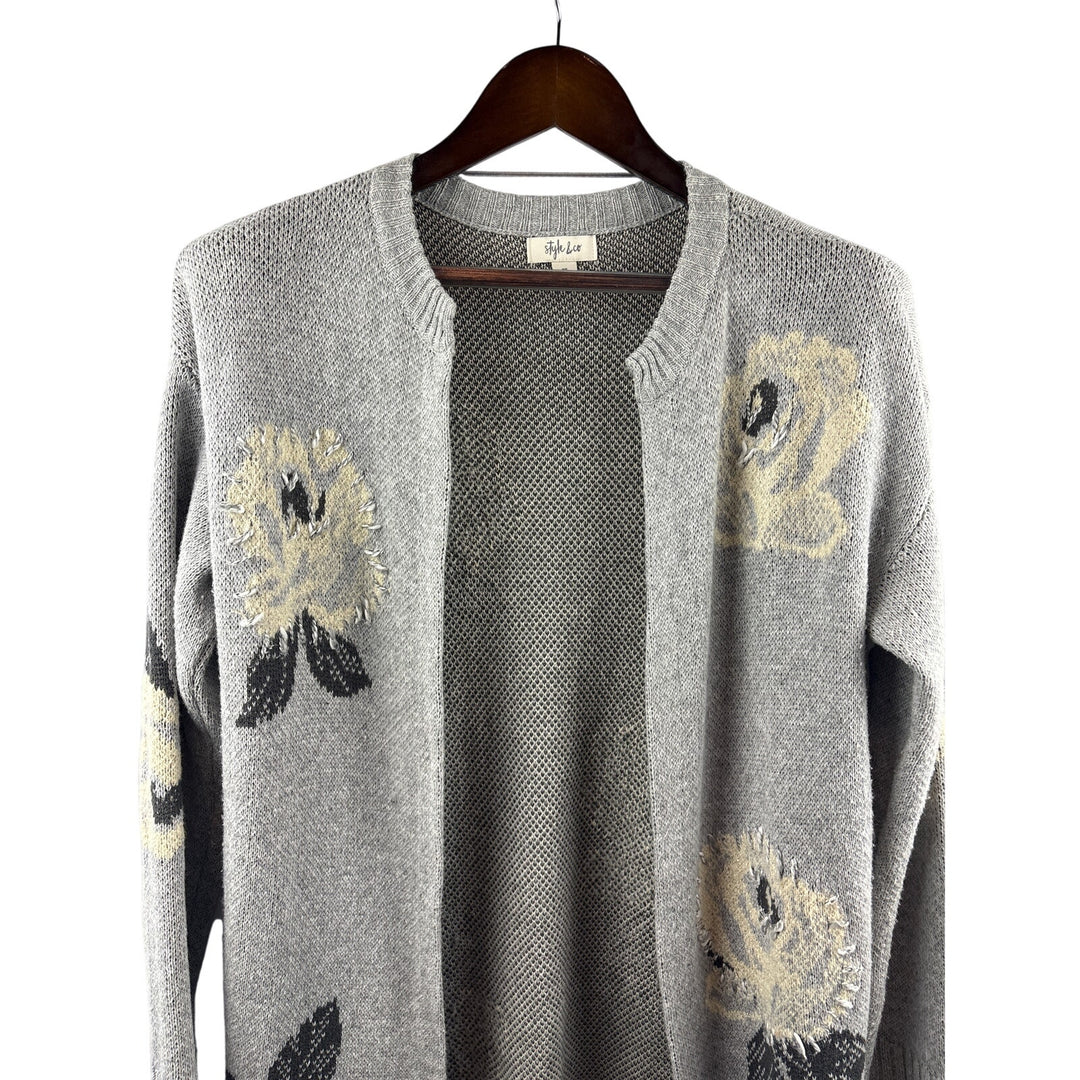 Women’s Style & Co XS Light Gray Cardigan w/ Cream Rose Pattern