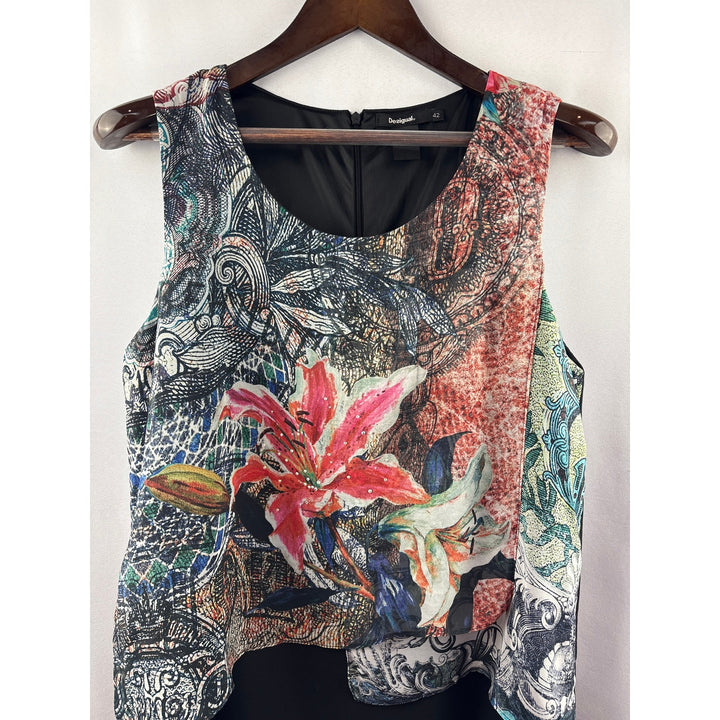 Women’s Desigual Size 12 Black Layered Sleeveless Dress w/ Multicolor Design