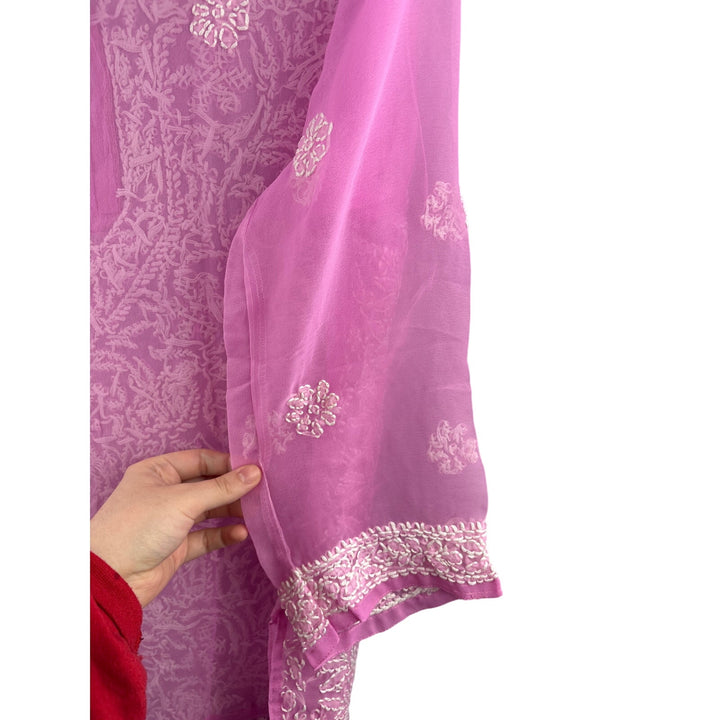 Women’s Handmade XL Pink Long Sleeve Blouse w/ White Embroidery