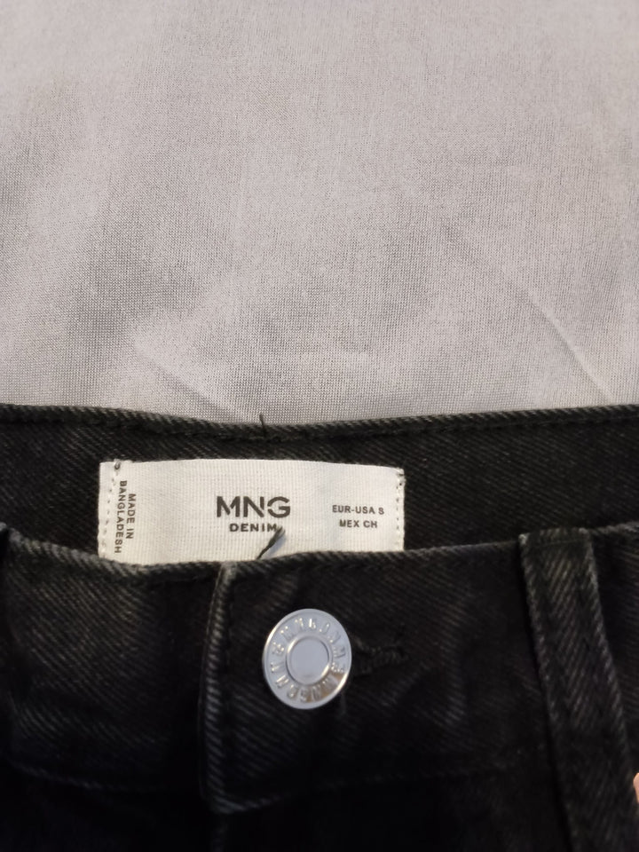 Mango Black Denim Mini Skirt With Frayed Raw Hem Size Small