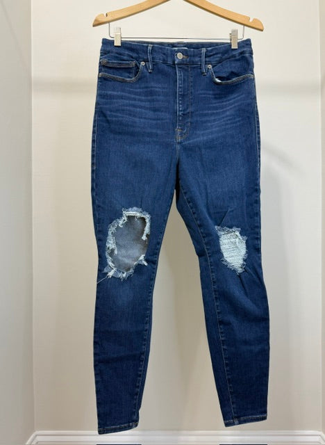 Good American High‑Rise Distressed Skinny Jeans Sz14–18 (Medium Blue, Ankle)