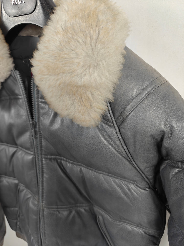 Mens Vintage Golden Pioneer Wear Leather Puffer Jacket Gray Fur Collar