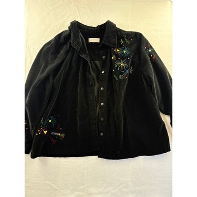 Women’s CJ Banks Black Ribbed Velvet Firework Patterned Button up Sz XL