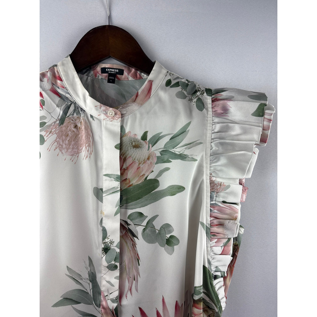 Women’s Express Large White Satin Sleeveless Floral Blouse