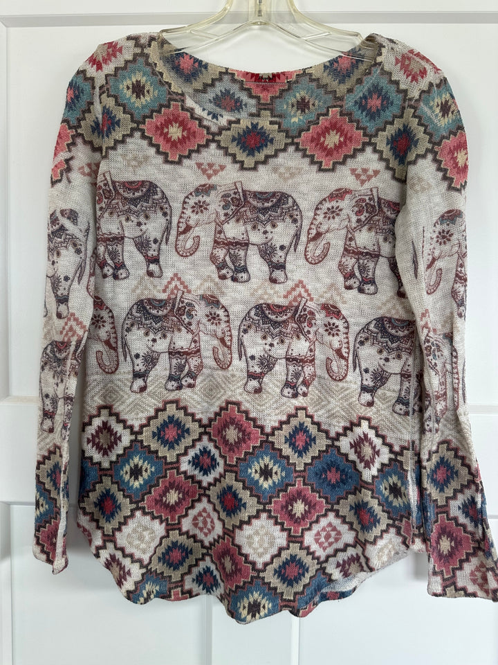 Papaya Women’s Boho Elephant Geometric Lightweight Long Sleeve Knit Sweater Top Size M
