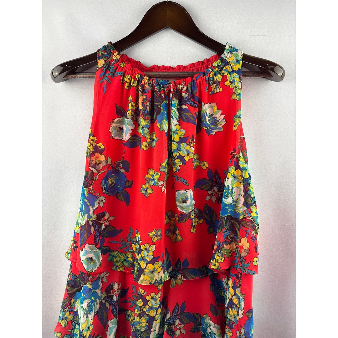 Women’s Chetta B Size 10 Bright Orange Halter Midi Dress w/ Blue Florals