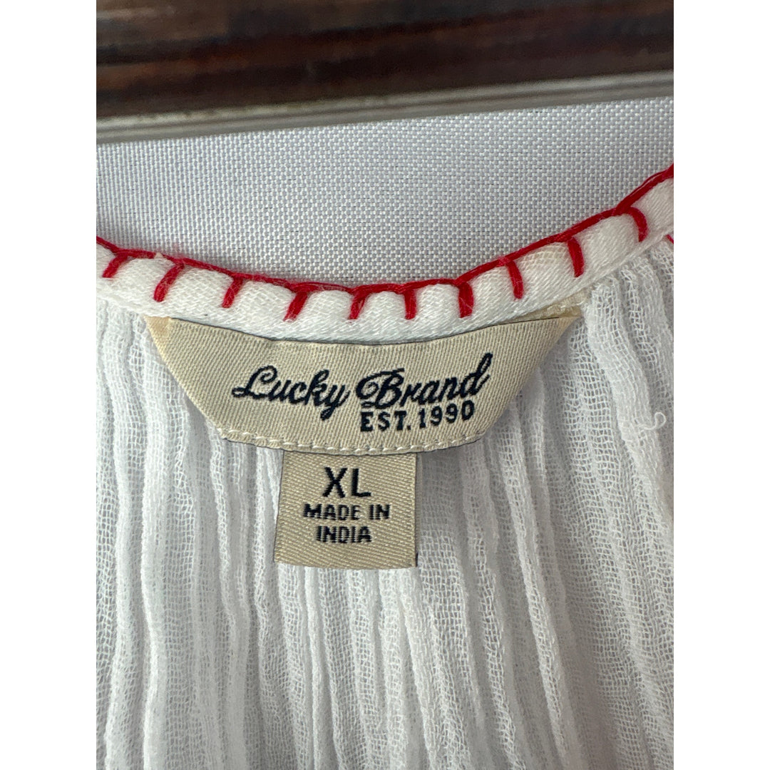 Women’s Lucky Brand XL White Tank Blouse w/ Red & Blue Embroidery