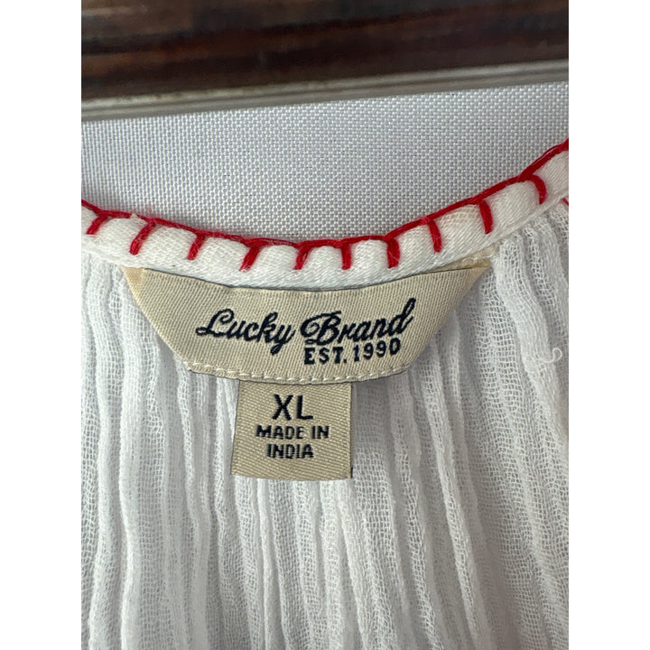 Women’s Lucky Brand XL White Tank Blouse w/ Red & Blue Embroidery
