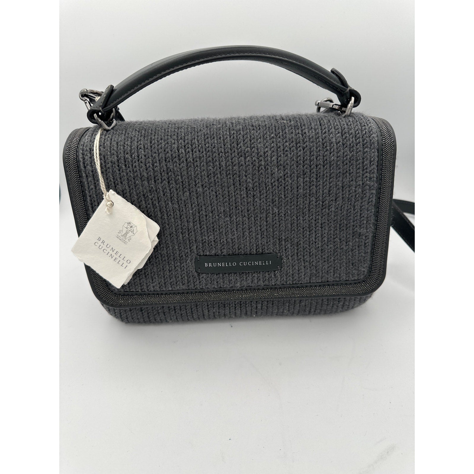 Brunello Cucinelli 100% Virgin Wool Bag w/leather strap and monili detail NWT