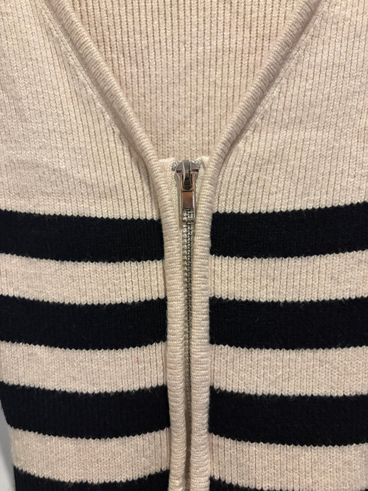 Fashion Nova Black Cream Striped Ribbed Knit Zip Front Jumpsuit Size Medium