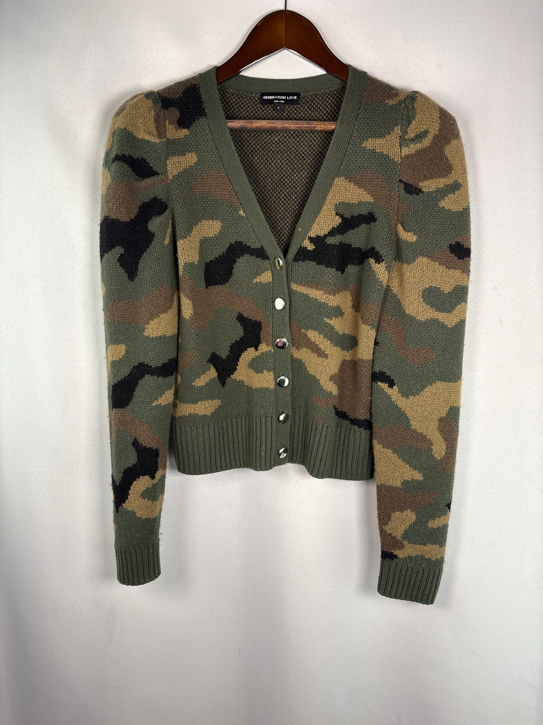Womens Generation Love Green Camo Wool Blend Cardigan Small